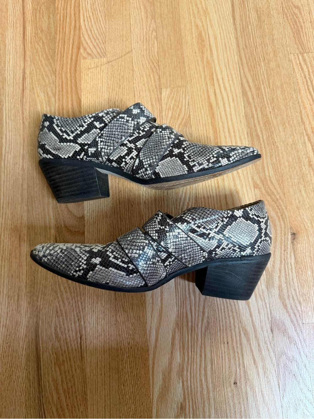 Anthropologie Snakeskin Double-Buckle Pointed Ankle Booties in Black and Tan - Picture 5 of 8